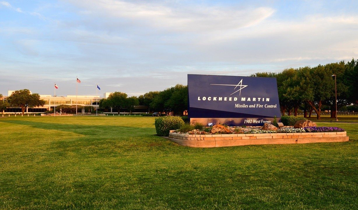 Grand Prairie, Texas Lockheed Martin MFC headquarters sign and buildings in the background